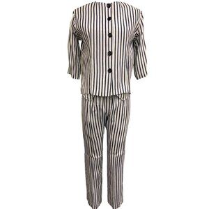 Vintage Navy and White Striped Three-Piece Set Button-Up Blouse, Vest and Pants